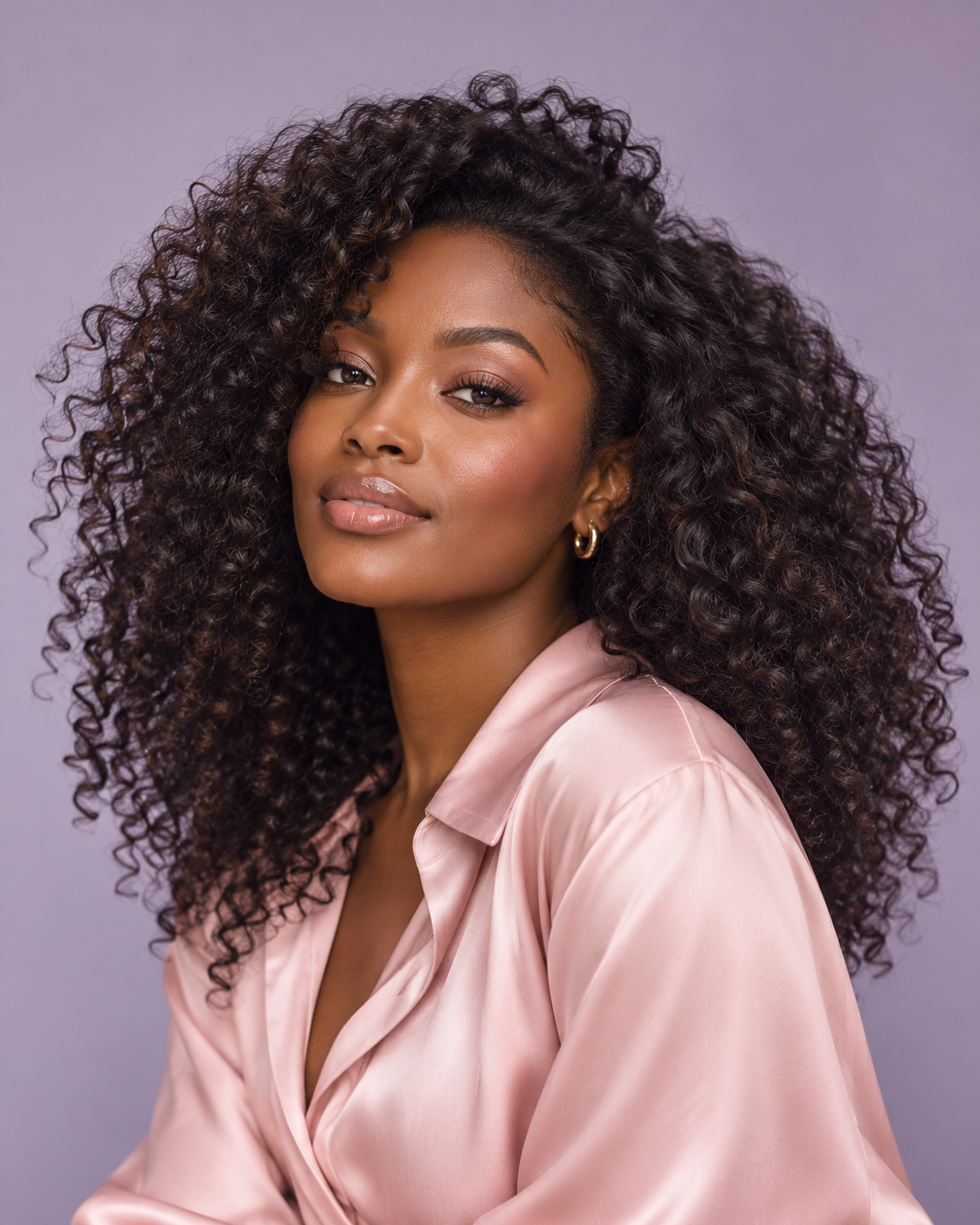 Editorial portrait with natural curls against a lavender backdrop